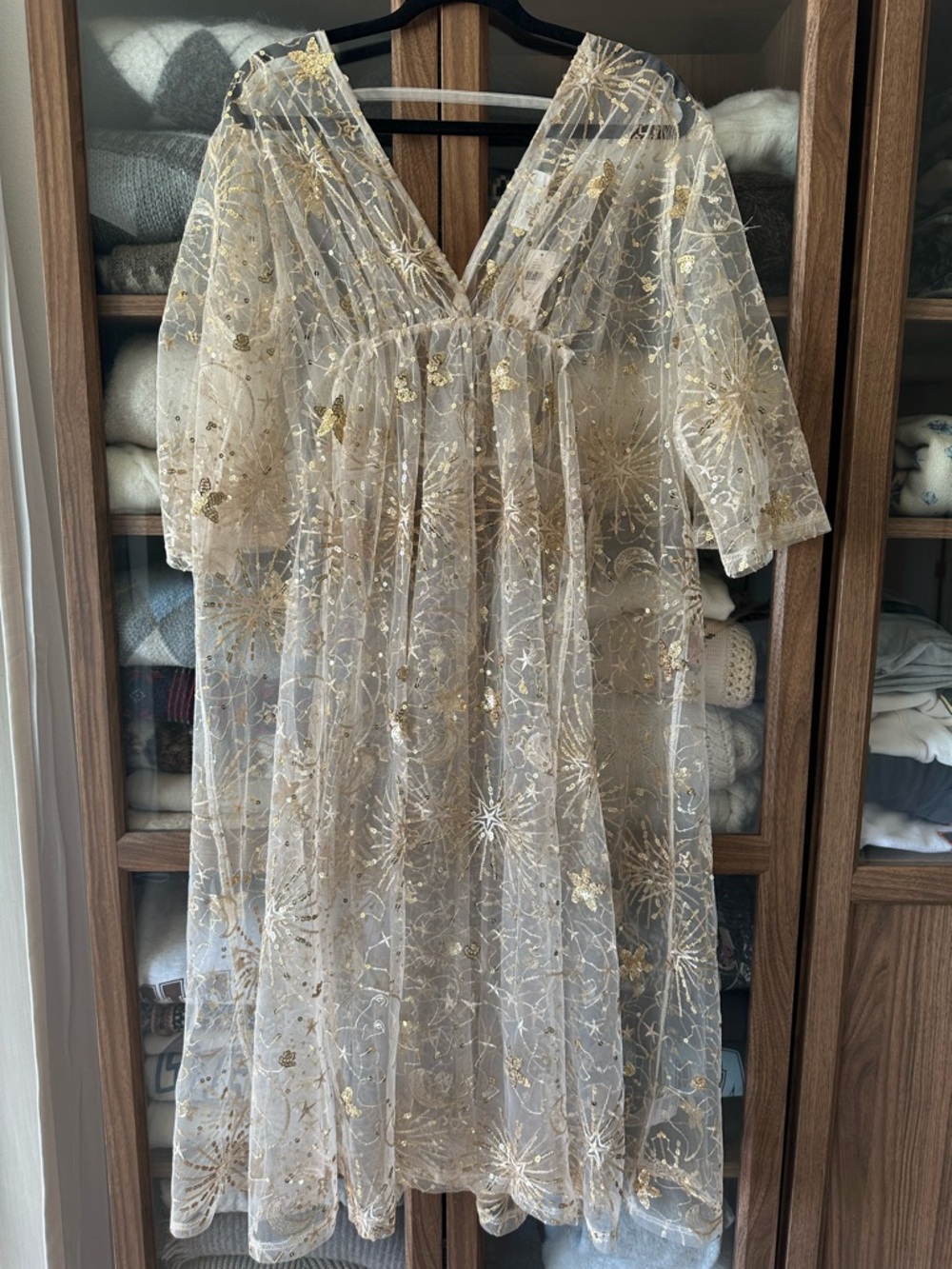 Anthropologie Sheer Gold-Embroidered Maxi Dress